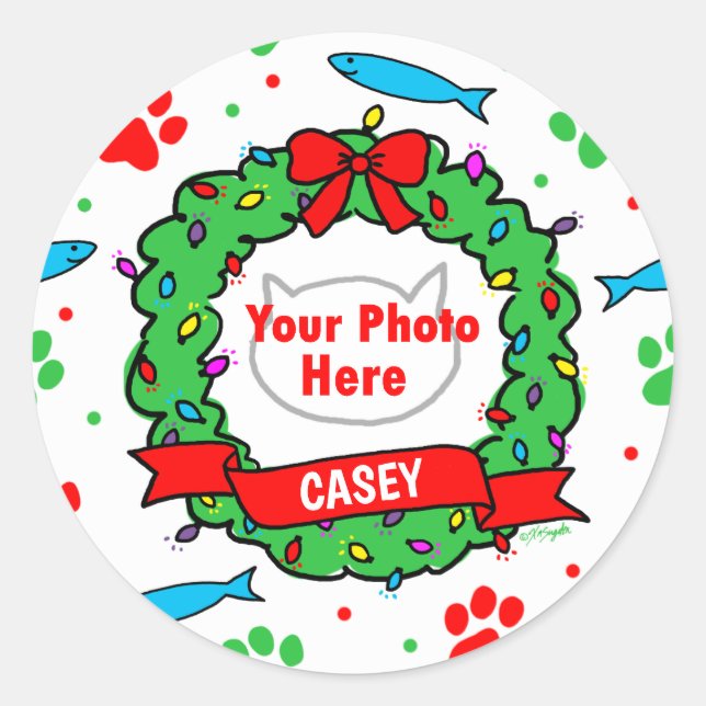 Pegatina Redonda Navidades de fotos de gato Patrón de escritura (Anverso)