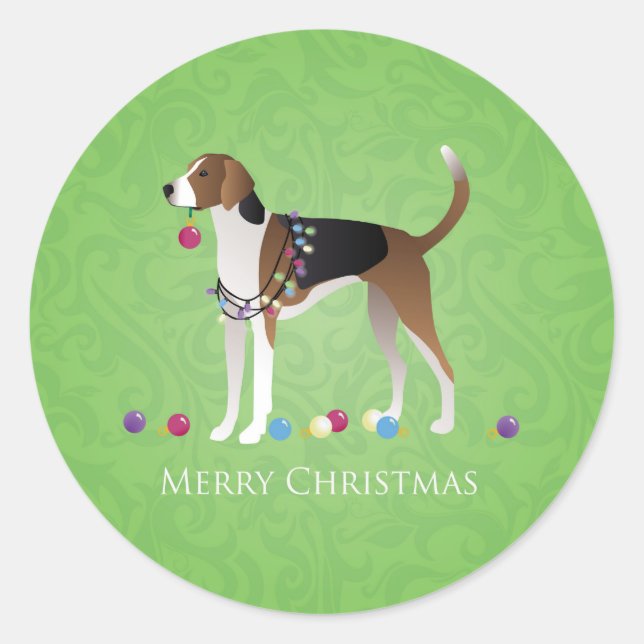 Pegatina Redonda Navidades de Foxhound estadounidenses - Perro trav (Anverso)
