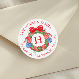 Pegatina Redonda Navidades de fútbol acuáticos Monograma de Wreath