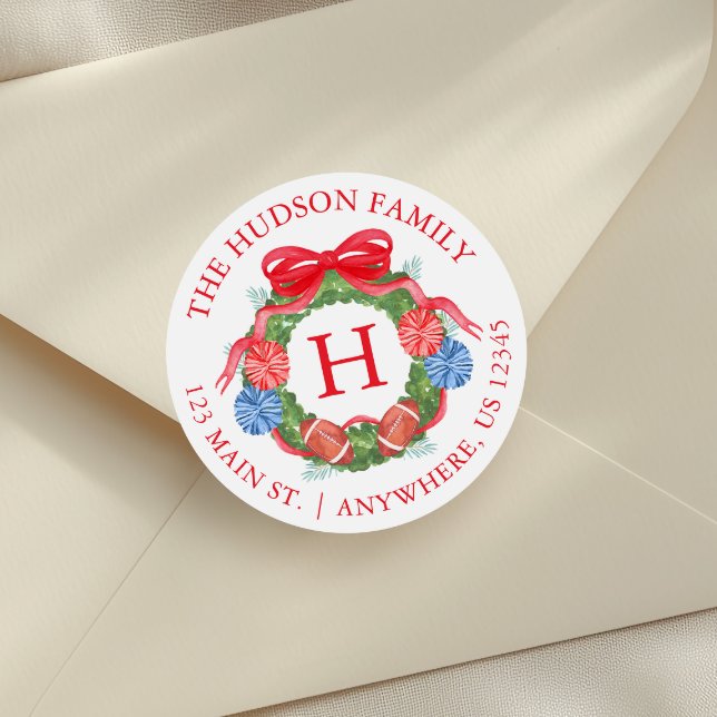 Pegatina Redonda Navidades de fútbol acuáticos Monograma de Wreath (Subido por el creador)