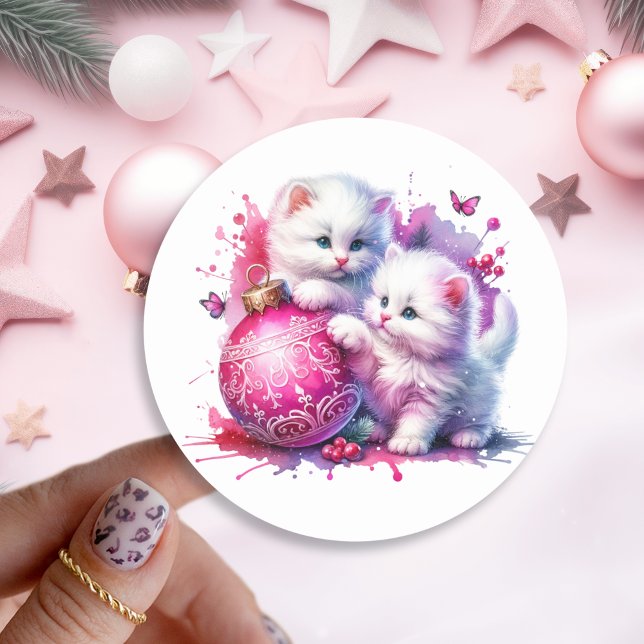 Pegatina Redonda Navidades de gatitos blancos dulces (Subido por el creador)