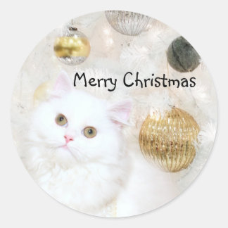 Pegatina Redonda Navidades de gatitos de raza blanca
