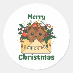 Pegatina Redonda Navidades de gato Carta Animales de invierno gatos