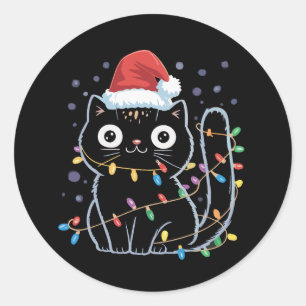 Pegatina Redonda Navidades de gato negro lindo iluminan Meow Kitty