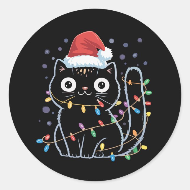 Pegatina Redonda Navidades de gato negro lindo iluminan Meow Kitty (Anverso)