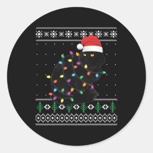 Pegatina Redonda Navidades de gato negro suéter fea curioso Santa C