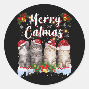 Pegatina Redonda Navidades de gato Santa Hat Graciosa Feliz Navidad