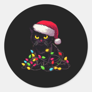 Pegatina Redonda Navidades de gatos negros iluminan divertida Navid