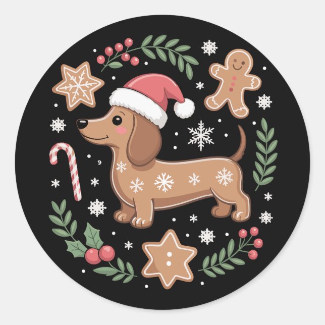 Pegatina Redonda Navidades de Gingerbread Weiner Dog Lover Dachshun (Anverso)