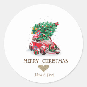 Pegatina Redonda Navidades de Gold Heart, Red Car Pine Trees