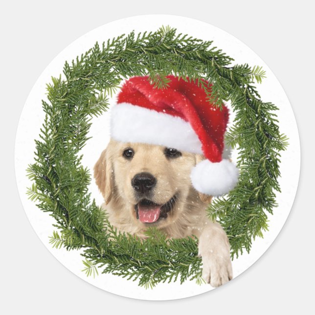 Pegatina Redonda Navidades de Golden Retriever (Anverso)