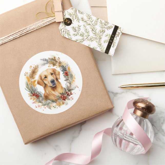 Pegatina Redonda Navidades de Golden Retriever Wreath Festial Pup (Regalar)