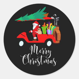 Pegatina Redonda Navidades de golf de Santa Claus en un carrito de