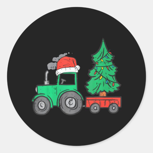 Pegatina Redonda Navidades de granjas Tractor Árbol Xmas Camiones (Anverso)