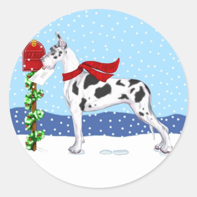 Pegatina Redonda Navidades de Great Dane Mail Harlequin (Anverso)