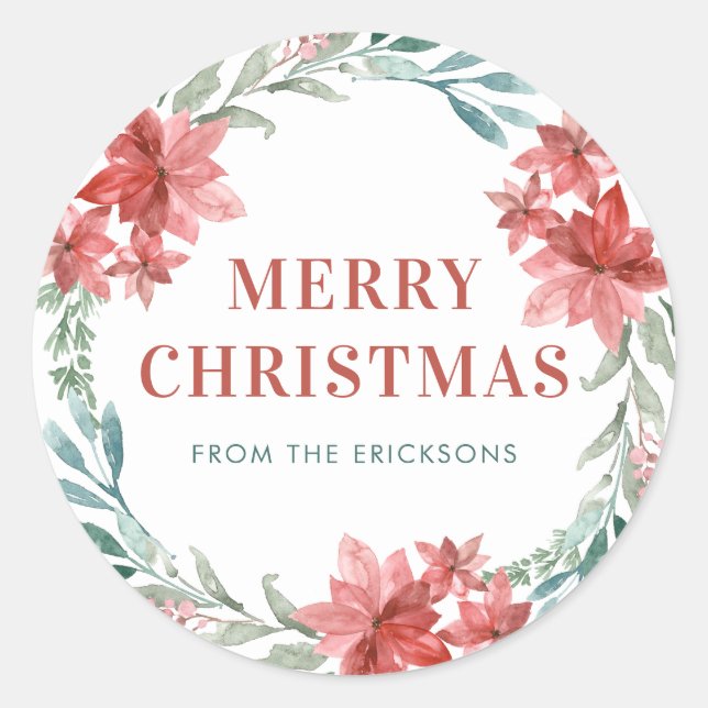 Pegatina Redonda Navidades de Greenery y Poinsettia Wreath (Anverso)