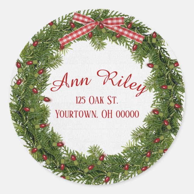 Pegatina Redonda Navidades de guirnalda de pino con luces (Anverso)