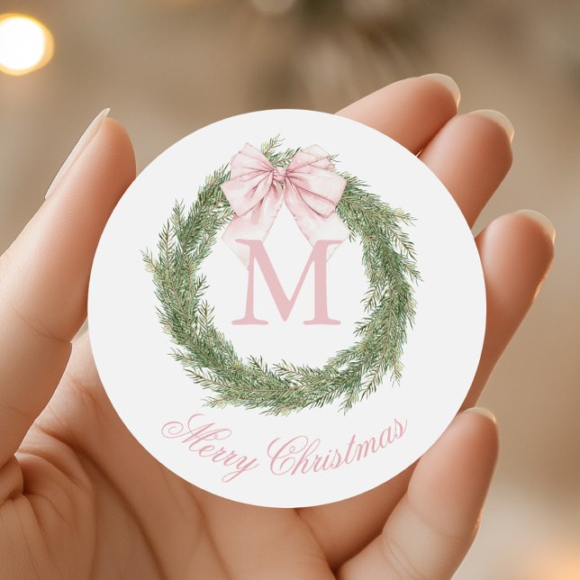 Pegatina Redonda Navidades de guirnaldas de monograma Coquette Pink (Subido por el creador)
