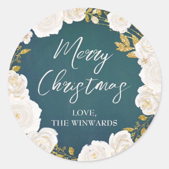 Pegatina Redonda Navidades de guirnaldas florales blancas y doradas (Anverso)