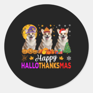 Pegatina Redonda Navidades de Halloween de Corgi Dog Hallothanksmas