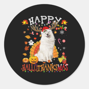 Pegatina Redonda Navidades de Halloween de perro de Samoyed Happy H