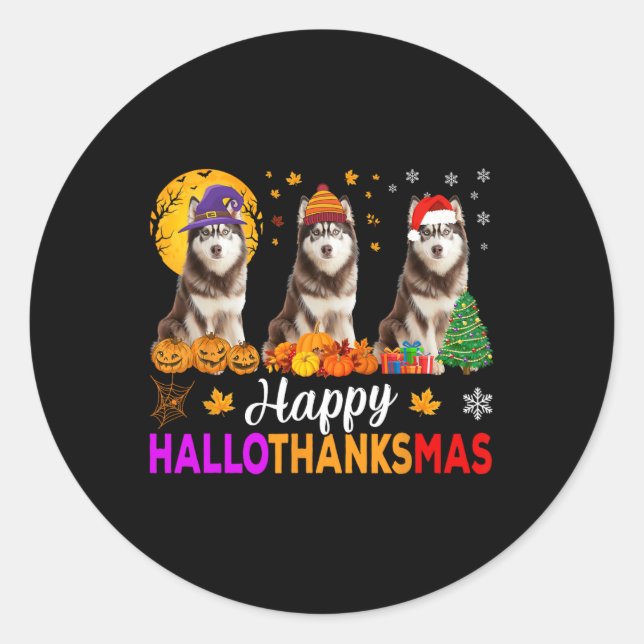 Pegatina Redonda Navidades de Halloween del Husky Dog Siberian (Anverso)