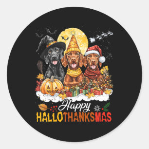 Pegatina Redonda Navidades de Halloween del perro Vizsla Feliz Hall