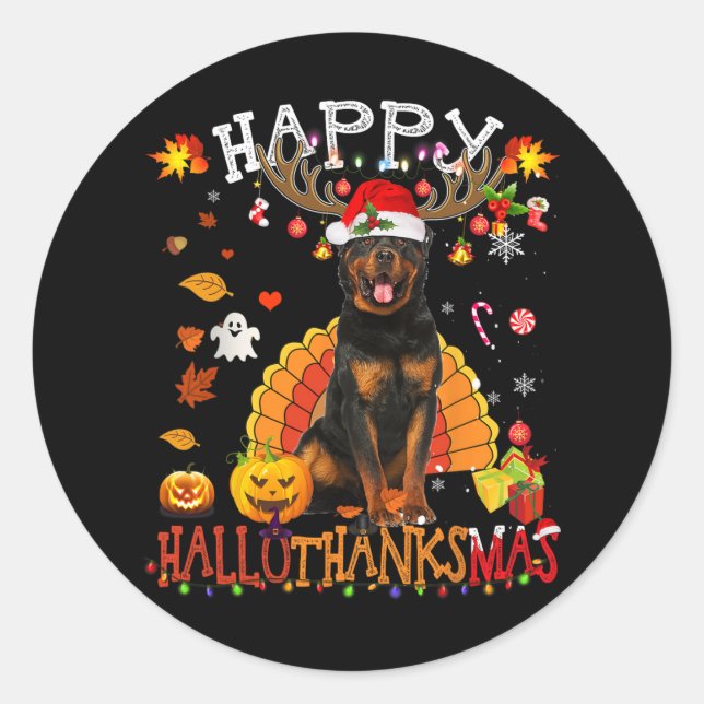 Pegatina Redonda Navidades de Halloween del Rottweiler Dog Happy Ha (Anverso)