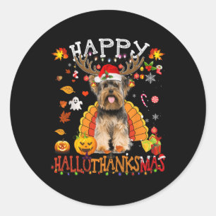 Pegatina Redonda Navidades de Halloween en Yorkshire Dog Happy Hall