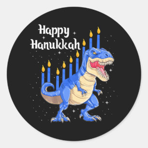 Pegatina Redonda Navidades de Hanukkah Dinosaur Chanukkah felices