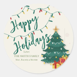 Pegatina Redonda Navidades de Happy Holidays String Lights Tree Cut