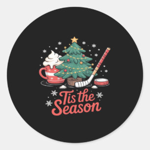 Pegatina Redonda Navidades De Hockey Sobre Árbol De Hockey Sobre Hi