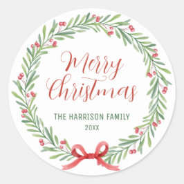 Pegatina Redonda Navidades de Holly Berries Wreath Greenery