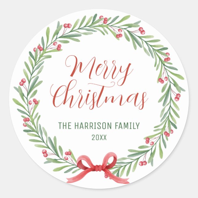 Pegatina Redonda Navidades de Holly Berries Wreath Greenery (Anverso)