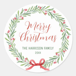 Pegatina Redonda Navidades de Holly Berries Wreath Greenery