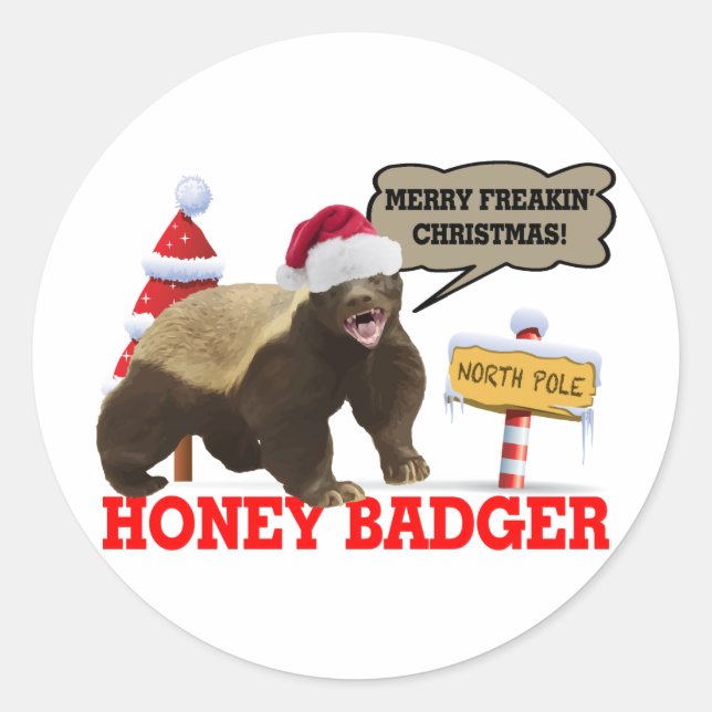 Pegatina Redonda Navidades de Honey Badger Merry Freakin (Anverso)