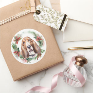 Pegatina Redonda Navidades de Hound Basset Wreath Festimes Pup