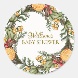 Pegatina Redonda Navidades de invierno clásicos Wreath Baby Shower