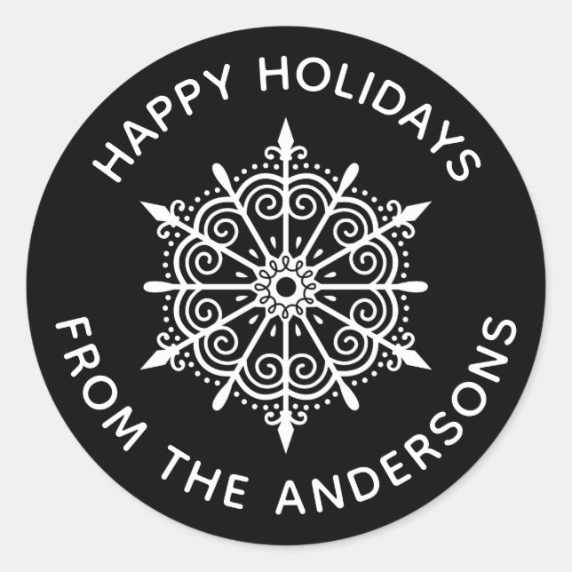 Pegatina Redonda Navidades de invierno elegantes blancos negros con (Anverso)