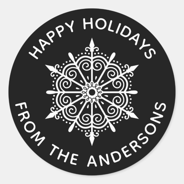 Pegatina Redonda Navidades de invierno elegantes blancos negros con (Anverso)