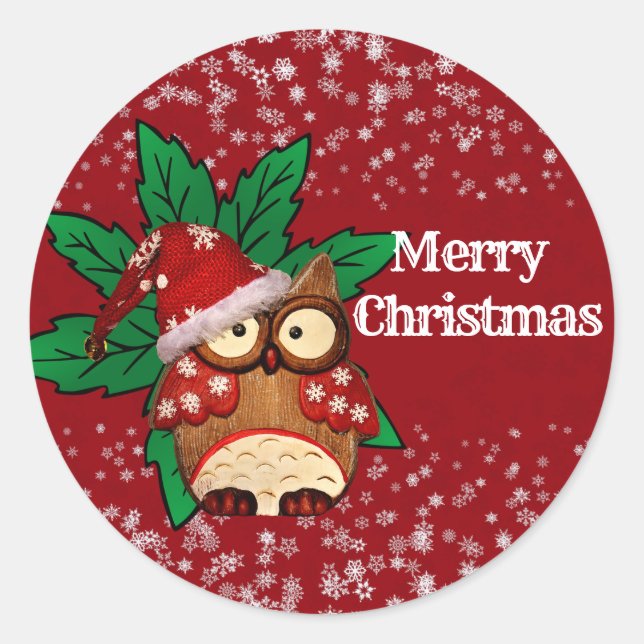 Pegatina Redonda Navidades de invierno Lechuza Nieve hace artesanía (Anverso)
