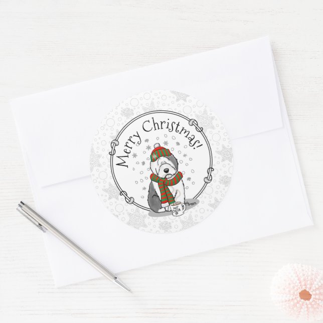 Pegatina Redonda Navidades de invierno Viejo perro pastor inglés gr (Sobre)