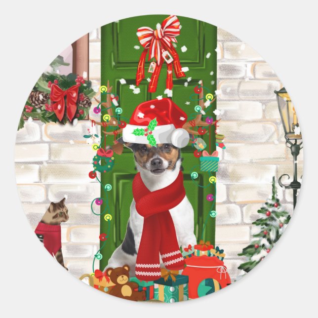 Pegatina Redonda Navidades de Jack Russell Dog (Anverso)