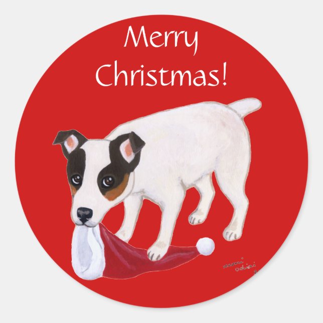 Pegatina Redonda Navidades de Jack Russell Terrier (Anverso)