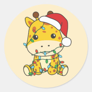 Pegatina Redonda Navidades de jirafa en invierno animan jirafas