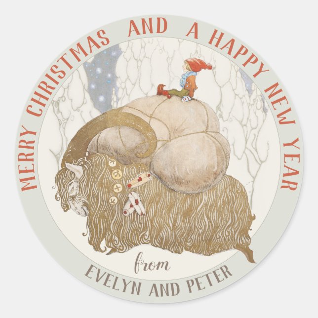 Pegatina Redonda Navidades de John Bauer Yule goat Julbocken CC1028 (Anverso)