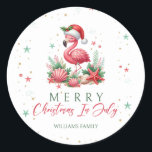 Pegatina Redonda Navidades de Julio Flamingo<br><div class="desc">Una encantadora escena en la que un delicioso flamingo rosa, adornado con un festivo sombrero de Santa, posa con gracia junto a una variedad de estrellas de mar, conchas y corales. El conjunto está decorado con tonos armoniosos de verde y rosa, lo que crea el motivo perfecto para una celebración...</div>