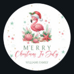 Pegatina Redonda Navidades de Julio Flamingo<br><div class="desc">Una encantadora escena en la que un delicioso flamingo rosa, adornado con un festivo sombrero de Santa, posa con gracia junto a una variedad de estrellas de mar, conchas y corales. El conjunto está decorado con tonos armoniosos de verde y rosa, lo que crea el motivo perfecto para una celebración...</div>