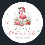 Pegatina Redonda Navidades de Julio Flamingo<br><div class="desc">Una encantadora escena en la que un delicioso flamingo rosa, adornado con un festivo sombrero de Santa, posa con gracia junto a una variedad de estrellas de mar, conchas y corales. El conjunto está decorado con tonos armoniosos de verde y rosa, lo que crea el motivo perfecto para una celebración...</div>