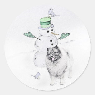 Pegatina Redonda Navidades de Keeshond Snowman pinta arte de perro